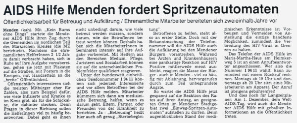 Artikel in der Mendener Zeitung vom 26.09.1991