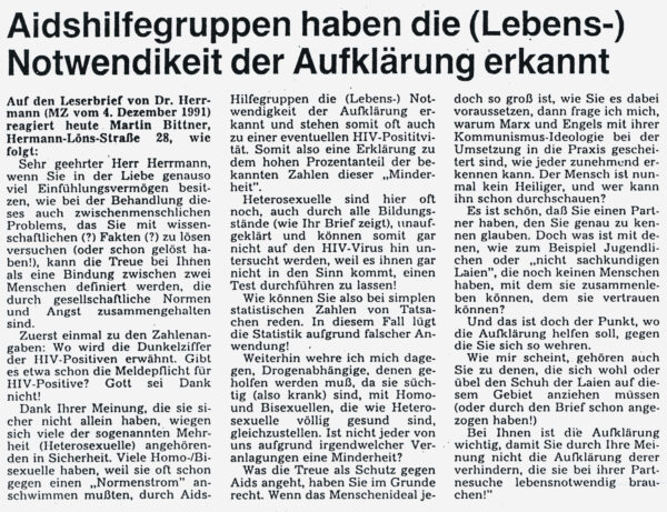 Leserbrief in der Mendener Zeitung vom 05.12.1991