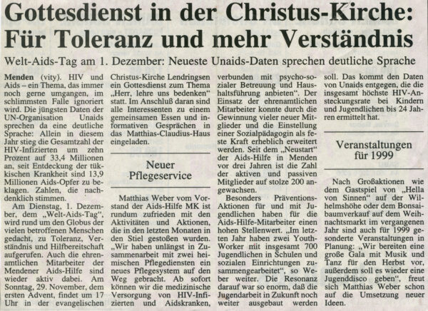 Artikel in der Mendener Zeitung vom 28.11.1998