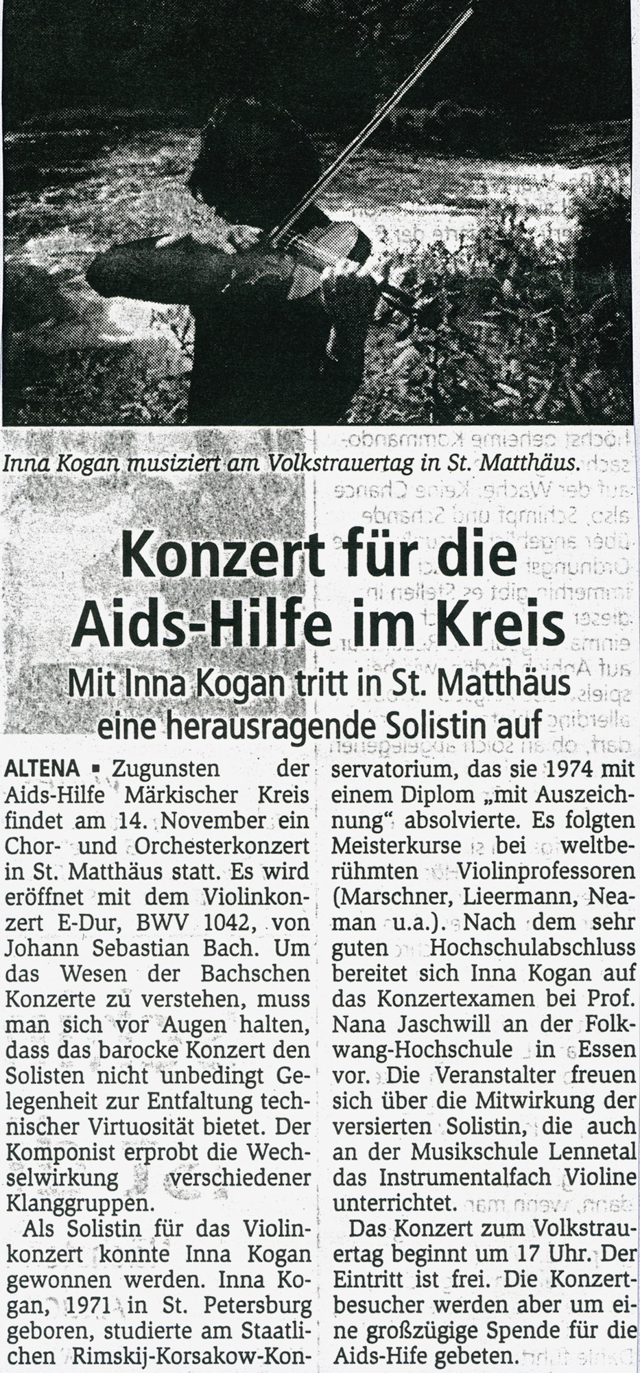 Artikel im Altenaer Kreisblatt vom 10.11.1999