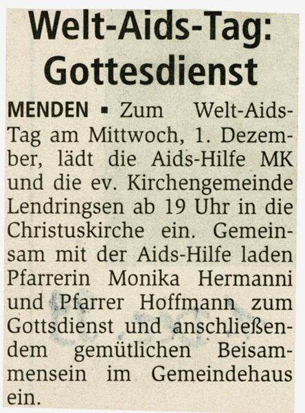Artikel in der Mendener Zeitung vom 01.12.1999