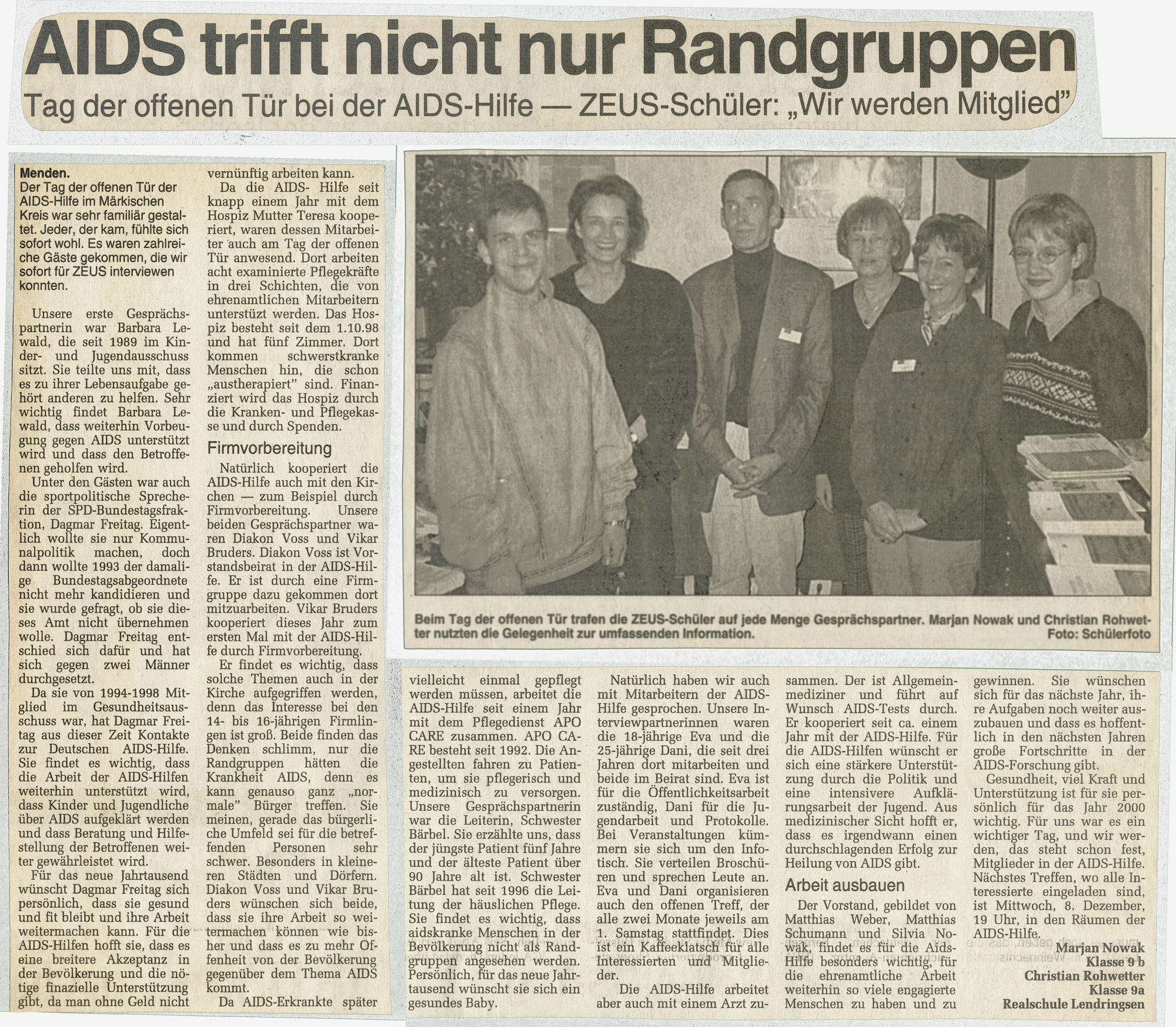 Artikel in der Westfalenpost vom 01.12.1999