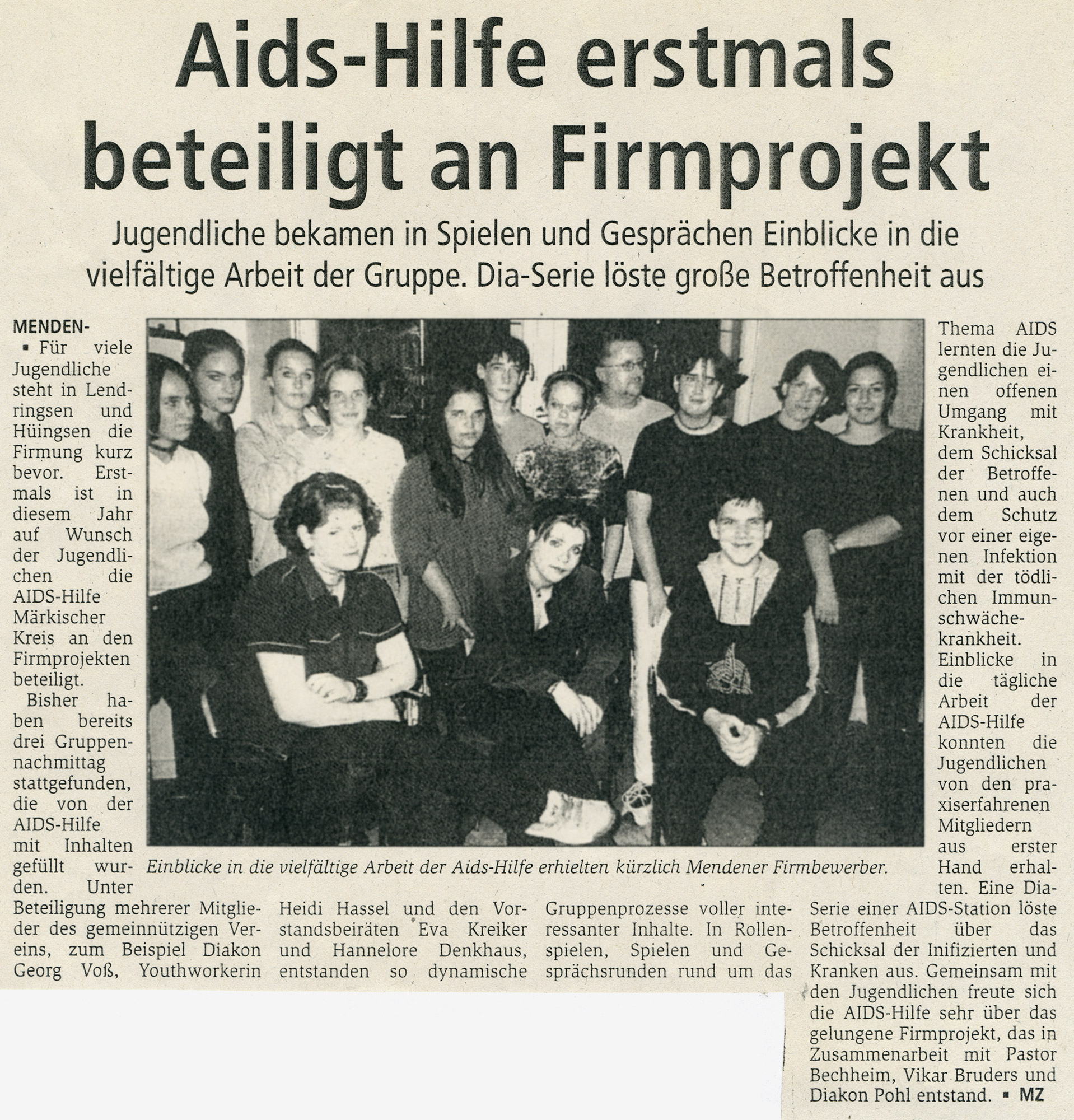 Artikel in der Mendener Zeitung im Dezember 1999