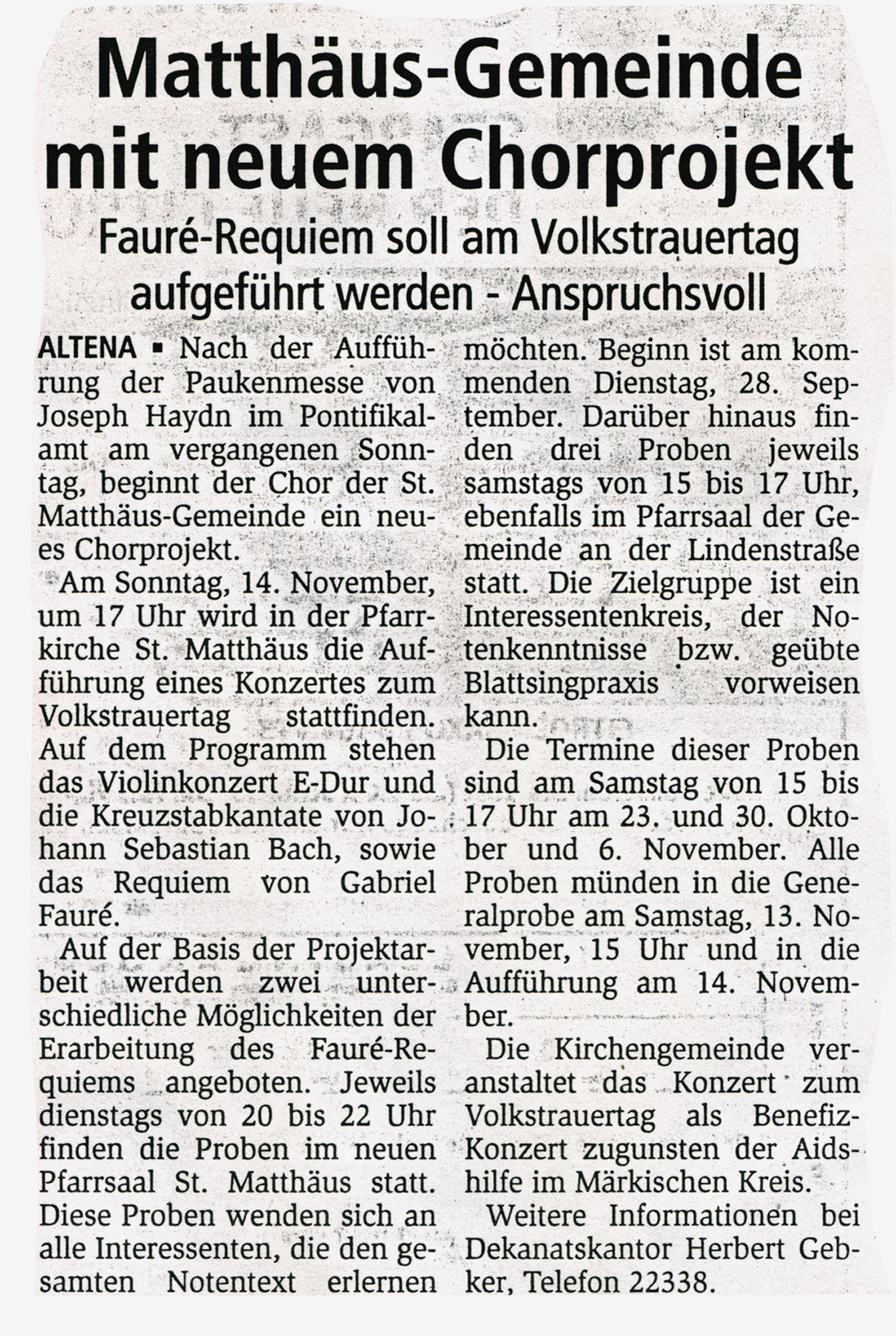 Artikel im Altenaer Kreisblatt im Jahr 1999