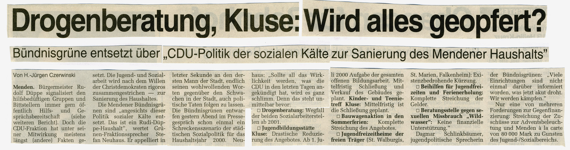 Artikel in der Westfalenpost vom 21.01.2000