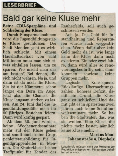 Leserbrief in der Westfalenpost vom 22.01.2000