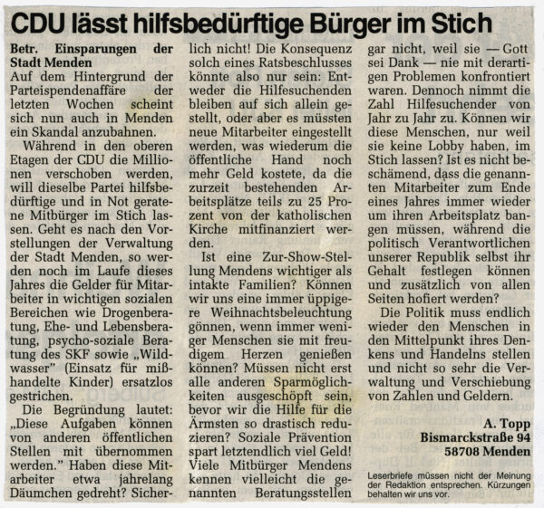Leserbrief in der Westfalenpost vom 25.01.2000