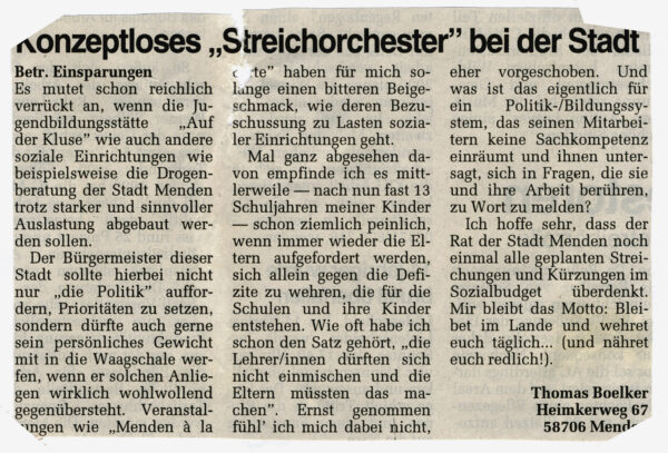 Leserbrief in der Westfalenpost vom 25.01.2000