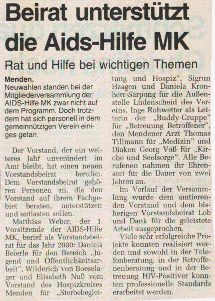 Artikel in der Westfalenpost vom 11.03.2000