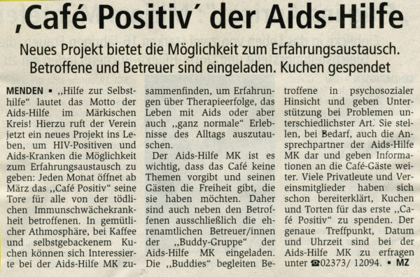 Artikel in der Mendener Zeitung vom 14.03.2000
