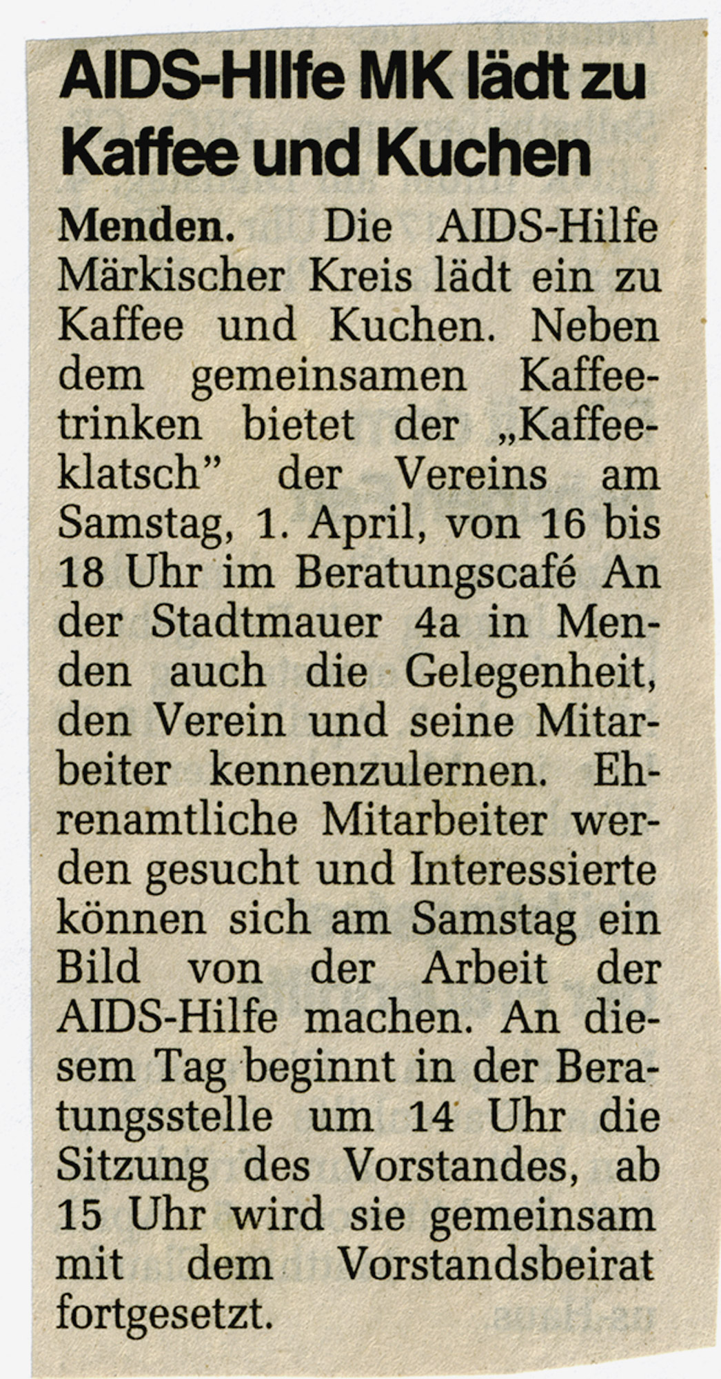 Artikel in der Westfalenpost vom 30.03.2000