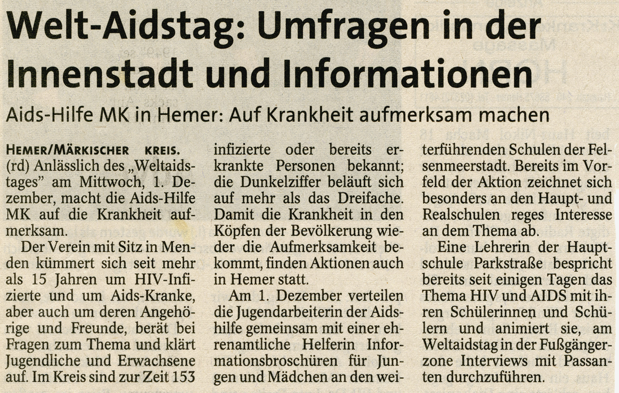 Artikel im Iserlohner Kreisanzeiger vom 29.11.2004