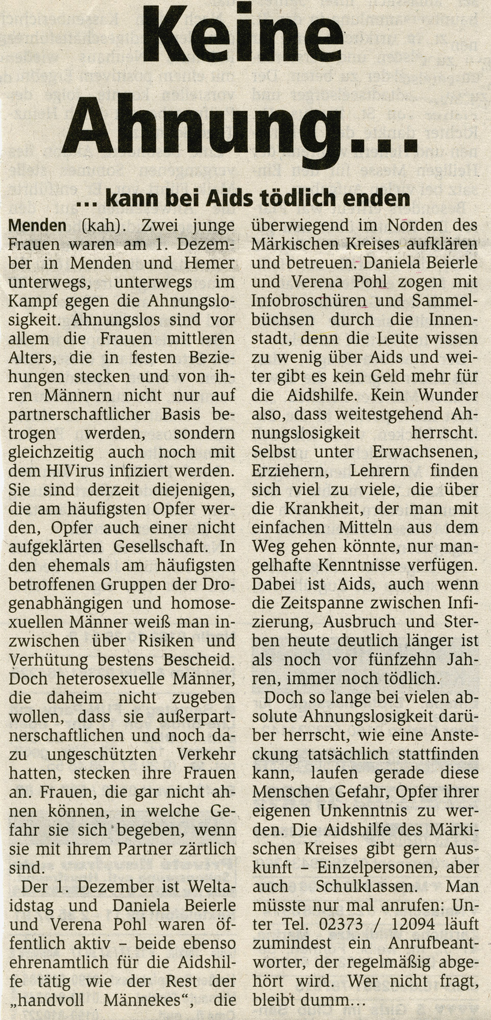 Artikel im Stadtanzeiger Menden vom 05.12.2004