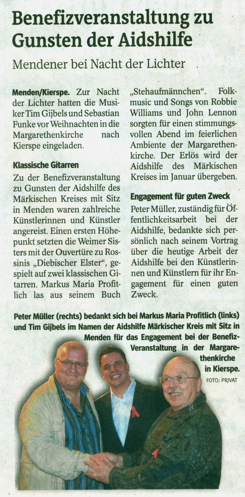 Zeitungsartikel in der Westfalenpost vom 29.12.2014