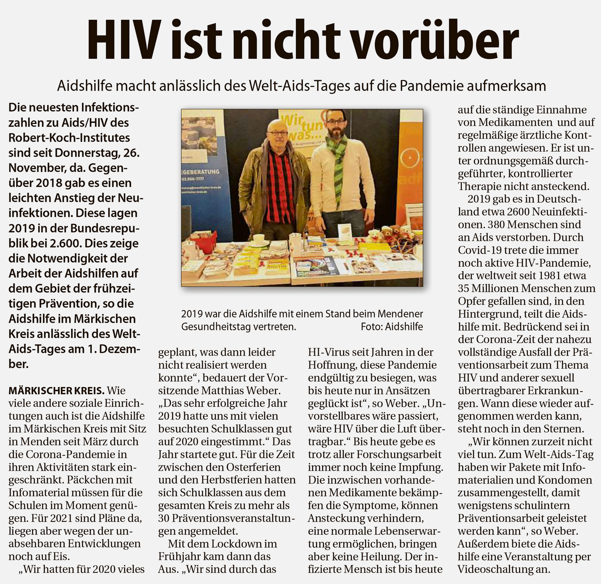 Artikel im Stadtspiegel Iserlohn vom 28.11.2020