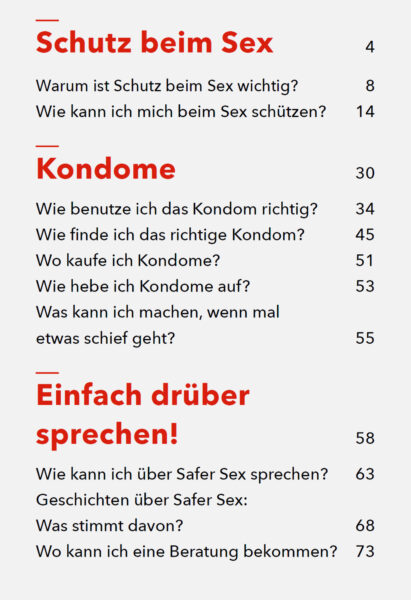 Inhaltsverzeichnis der Broschüre "Safer Sex und Kondome - gut zu wissen"