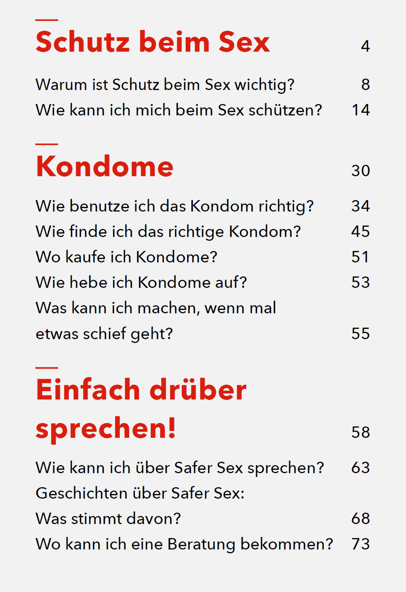 Inhaltsverzeichnis der Broschüre "Safer Sex und Kondome - gut zu wissen"