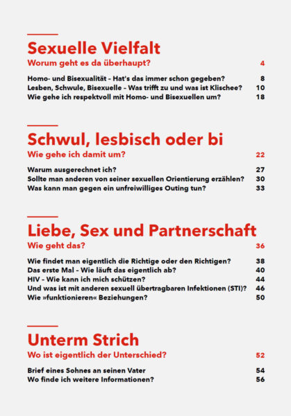 Inhaltsverzeichnis der Broschüre "Sexuelle Vielfalt und Coming-out"