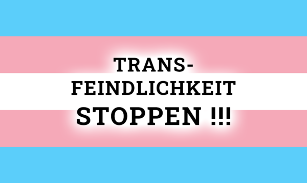 Die Transgender-Flagge mit dem Slogan "Transfeindlichkeit stoppen!!!"