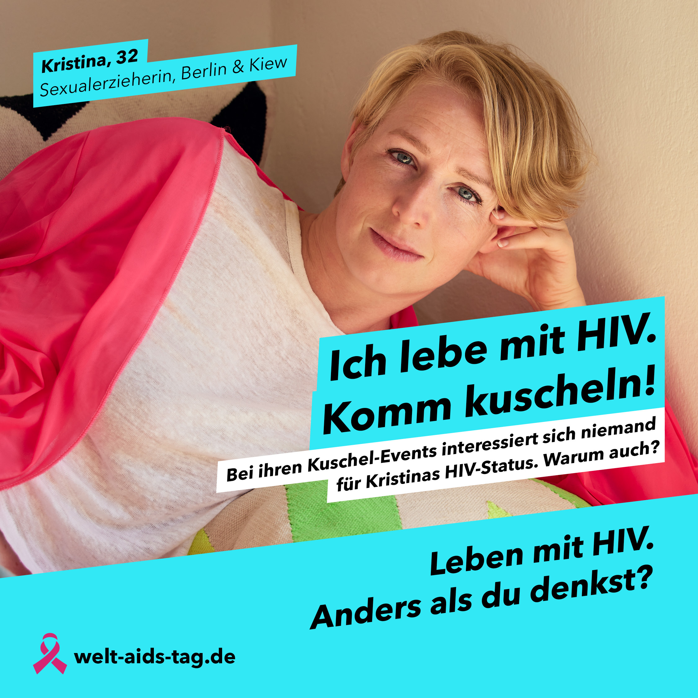 Welt-Aids-Tag 2023, Kampagnenmotiv: "Ich lebe mit HIV. Komm kuscheln!"